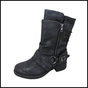 Black Synthetic Combat Boots Mid-Calf Motorcycle Style Casual Block Heel